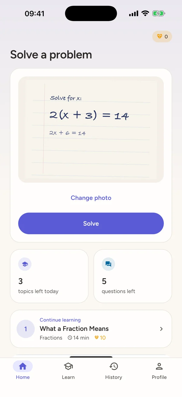 The home screen with a photographed problem, 2(x + 3) = 14, ready to solve
