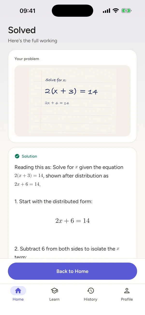 A solved problem, showing the working one step at a time