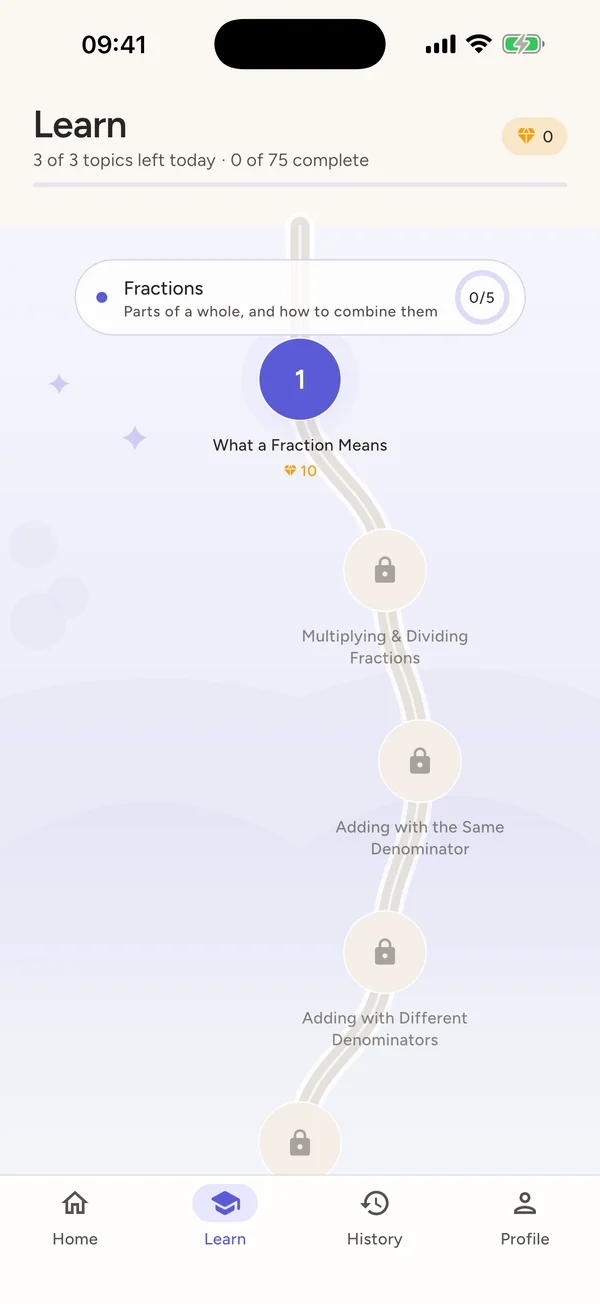 The Learn path, with the first topic unlocked