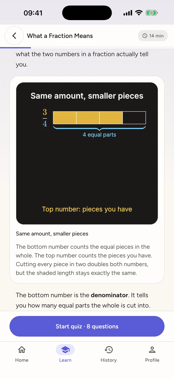 A lesson playing an animation of three quarters being split into eighths
