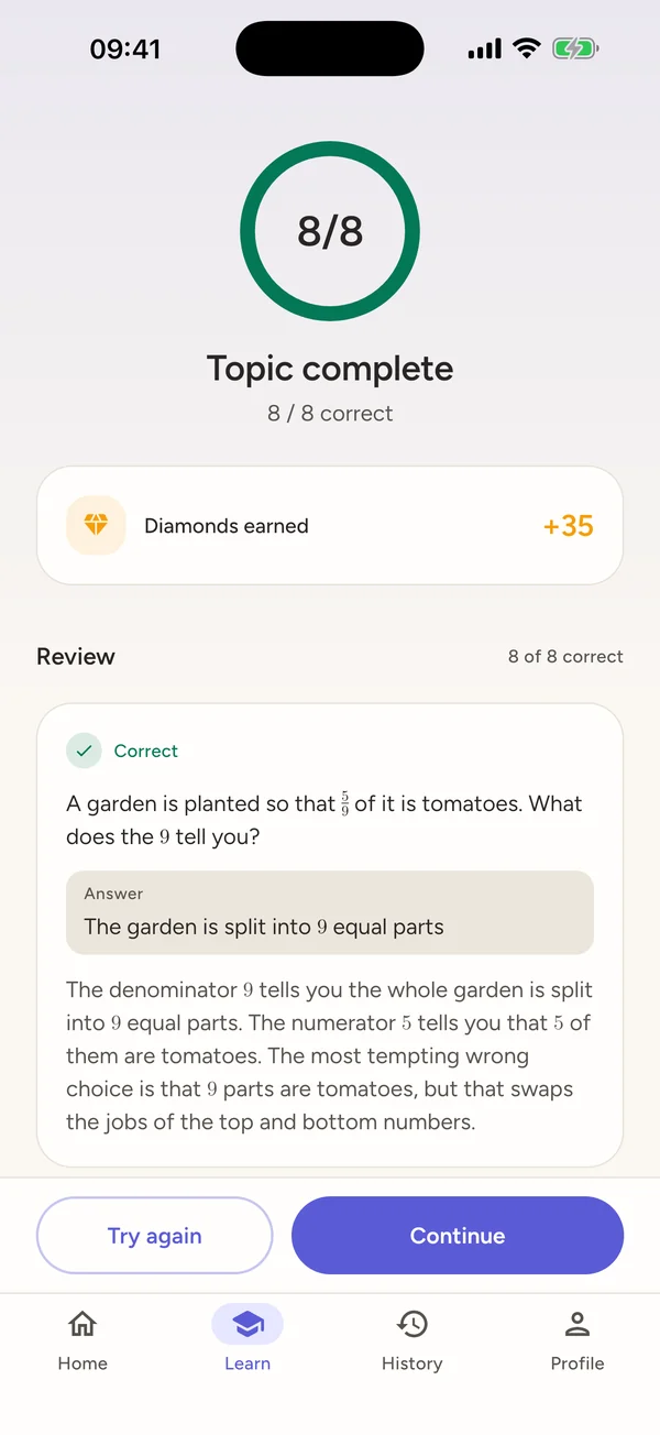 A finished topic scoring eight out of eight, with diamonds earned